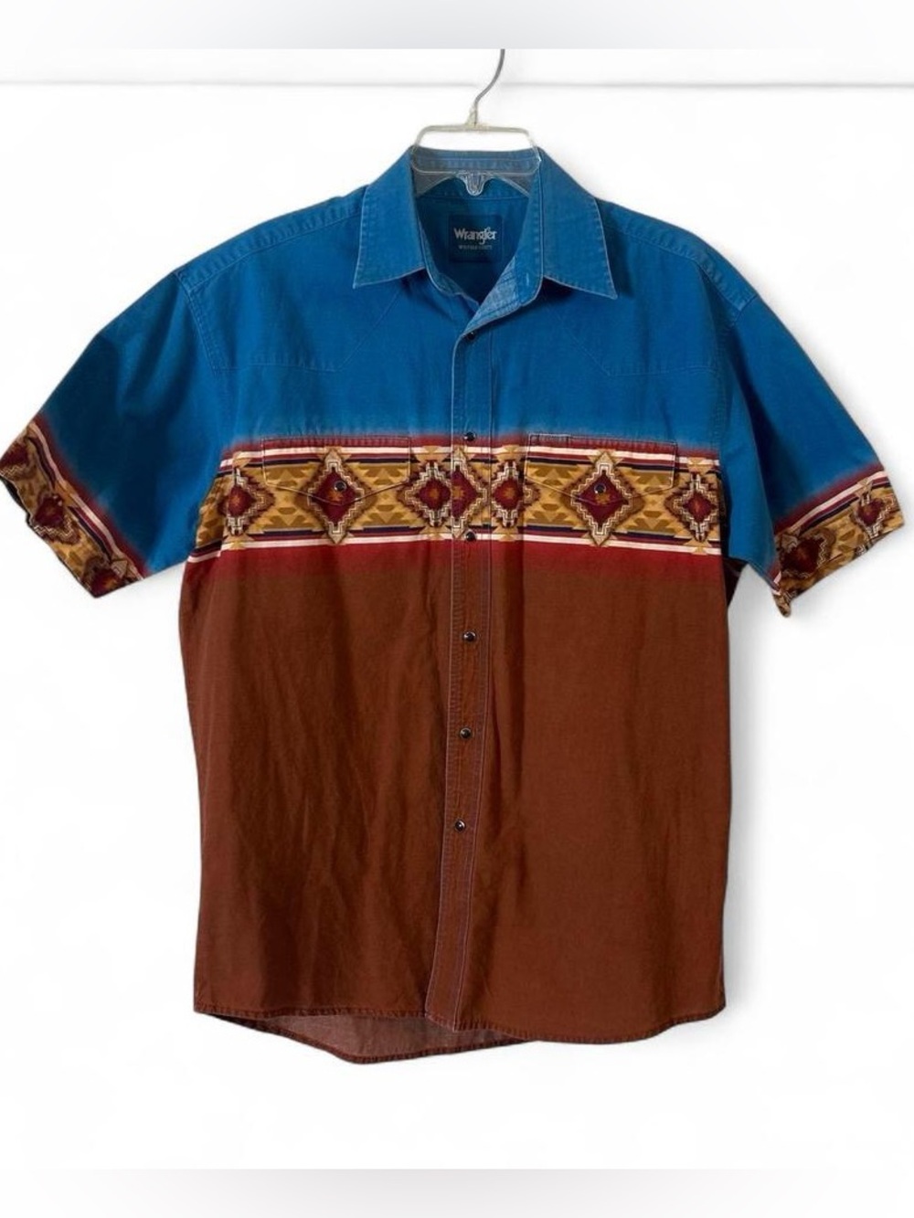 Wrangler 90s pearl snap geometric Aztec western button up shirt